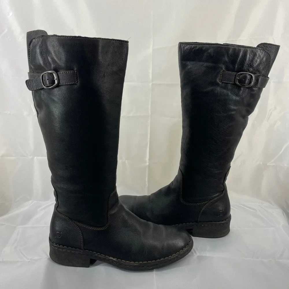 Born Size 10 Tall Riding Boots Black Leather Side Zip Buckle W3189 Women